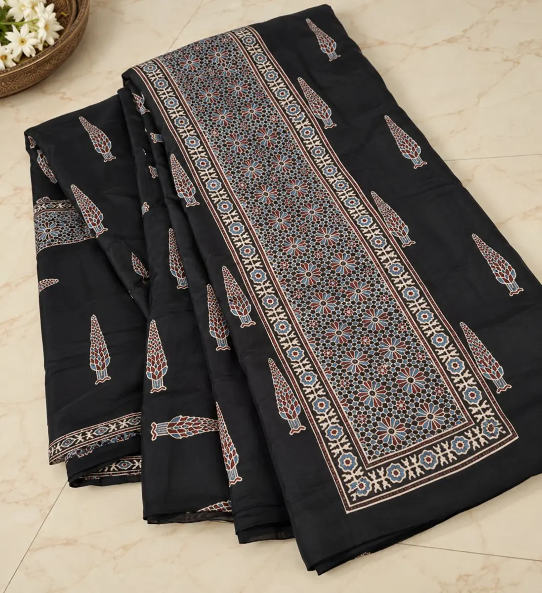 Ajrakh Cotton Saree Black Hand Block Print -image 2 of 4