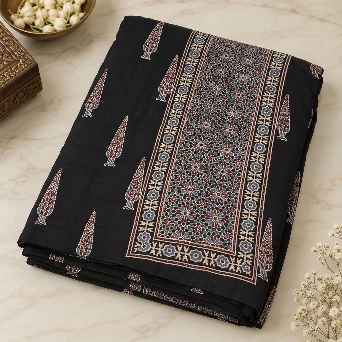 Ajrakh Cotton Saree Black Hand Block Print thumbnail 3