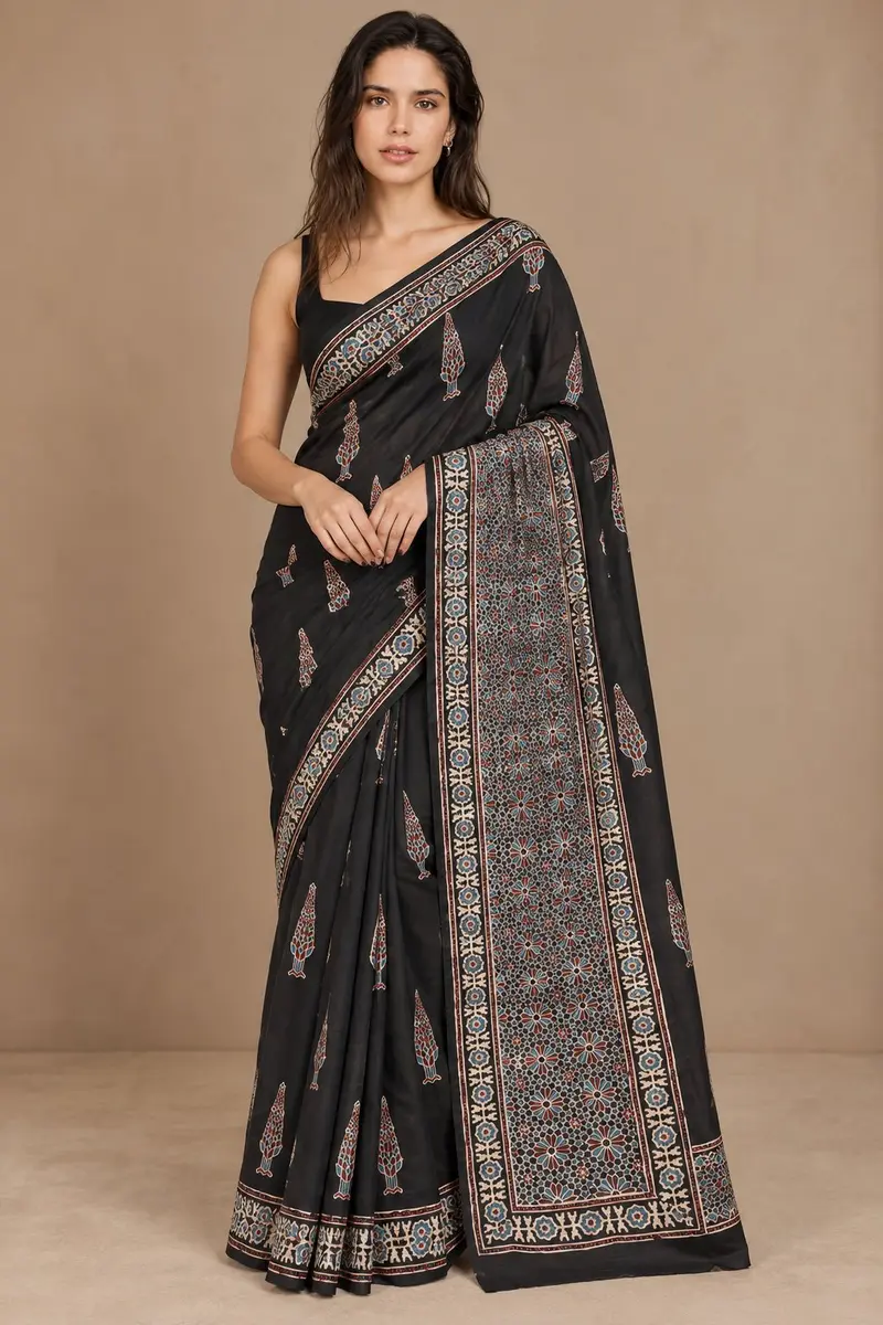 Ajrakh Cotton Saree Black Hand Block Print -image 1 of 4