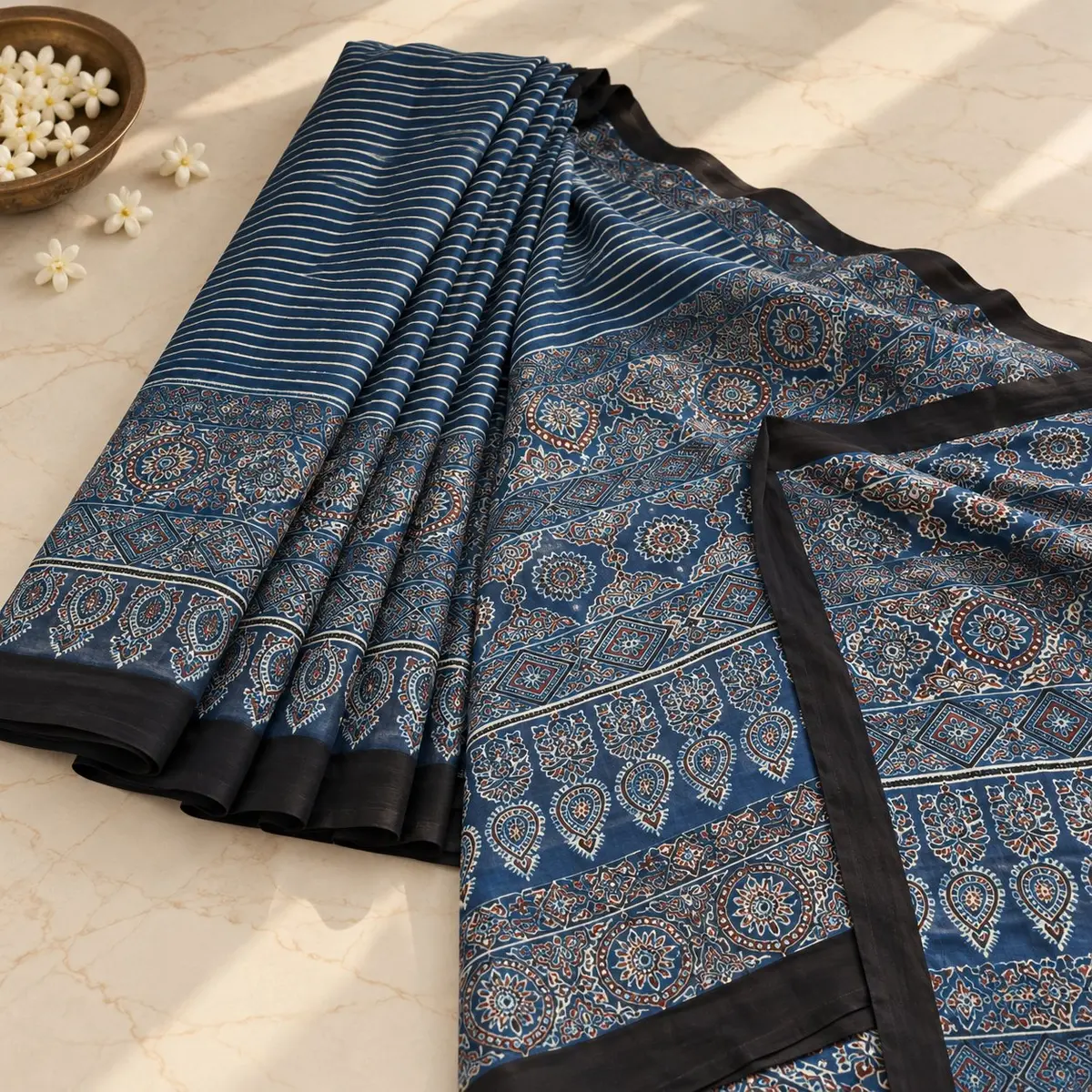 Ajrakh Cotton Saree Blue Black  -image 2 of 4
