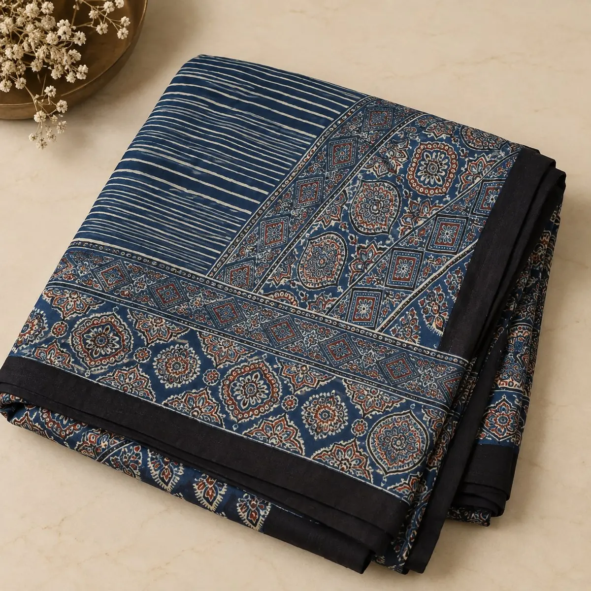 Ajrakh Cotton Saree Blue Black  thumbnail 3