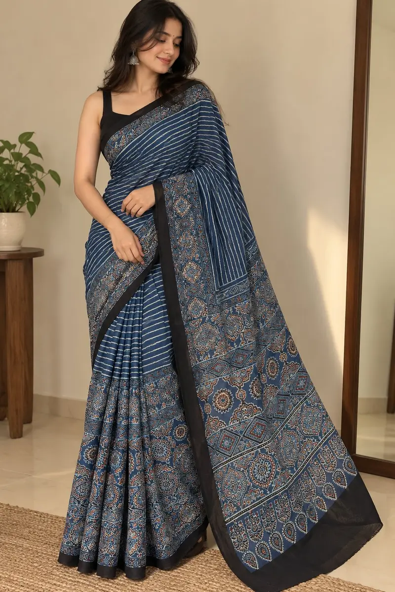 Ajrakh Cotton Saree Blue Black  -image 1 of 4