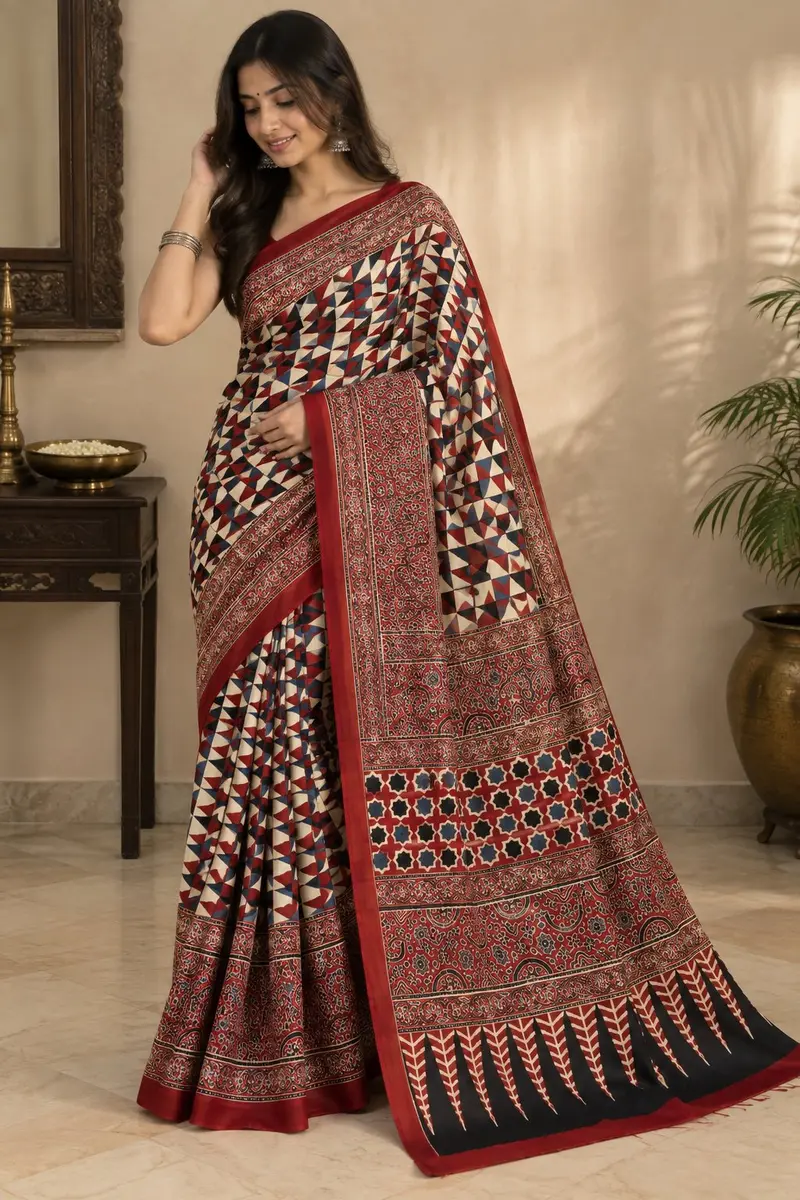 Ajrakh Cotton Saree Red Black Geometric Print  -image 1 of 4