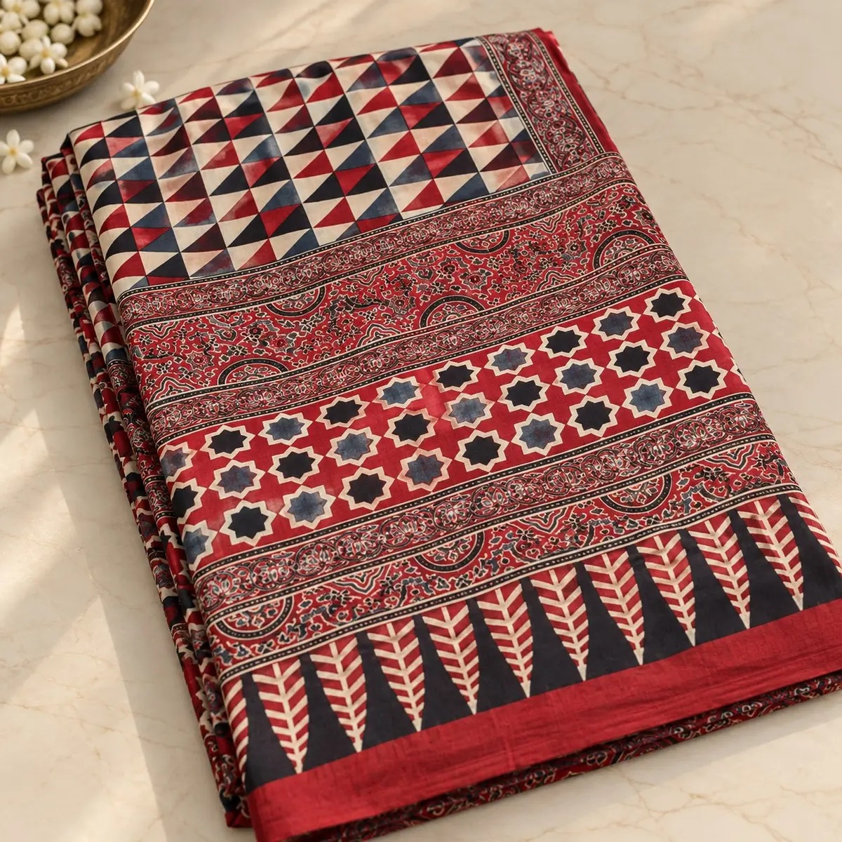 Ajrakh Cotton Saree Red Black Geometric Print  thumbnail 3