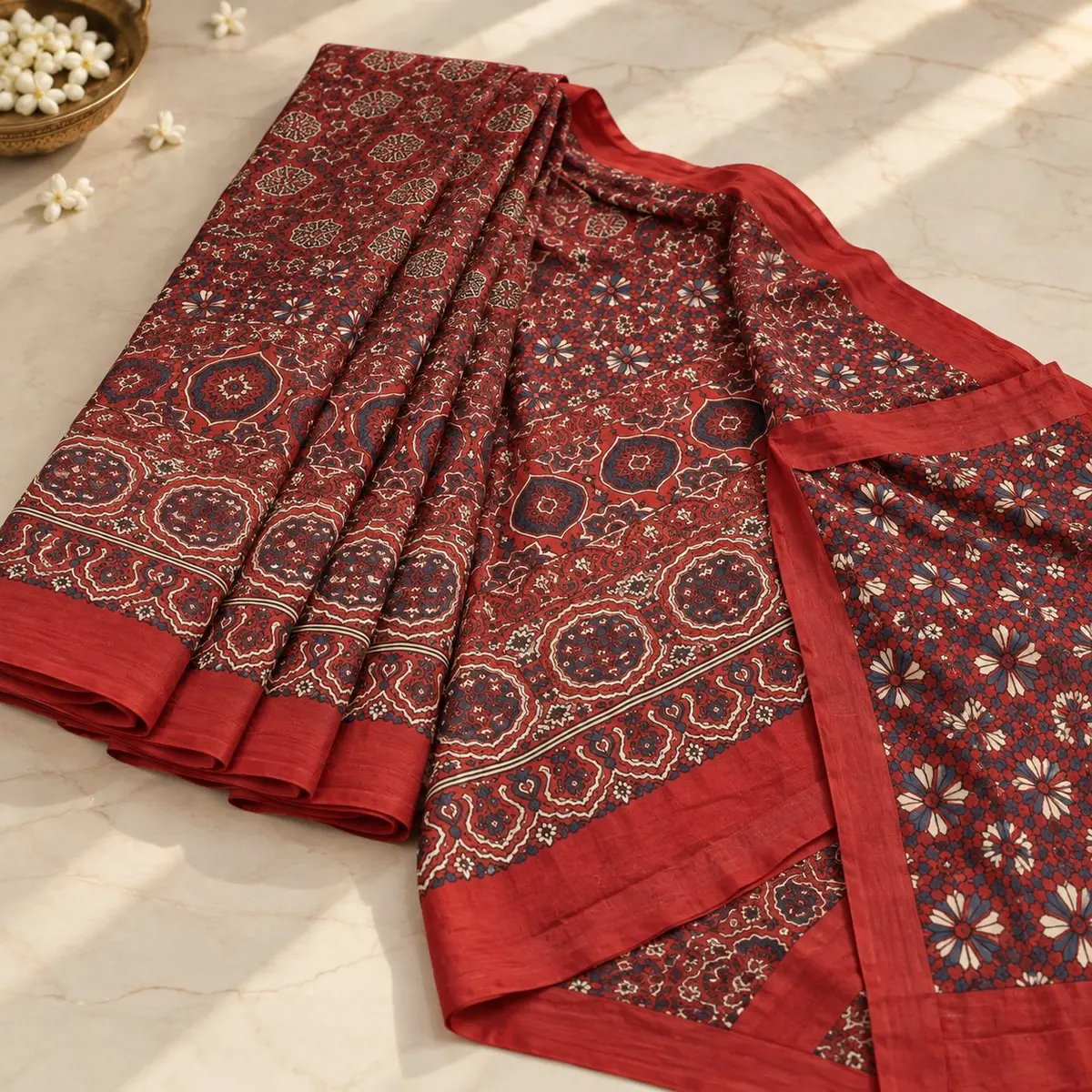 Ajrakh Cotton Saree Red Indigo Block Print -image 2 of 4
