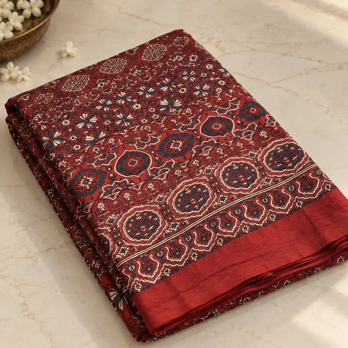 Ajrakh Cotton Saree Red Indigo Block Print thumbnail 3