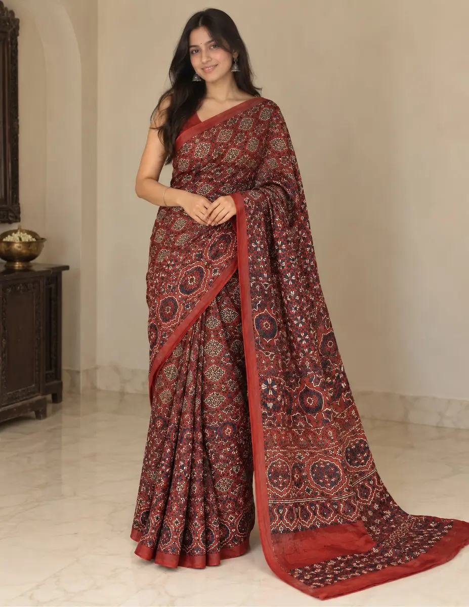 Ajrakh Cotton Saree Red Indigo Block Print -image 1 of 4
