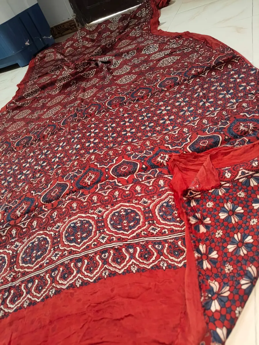 Ajrakh Cotton Saree Red Indigo Block Print -image 4 of 4