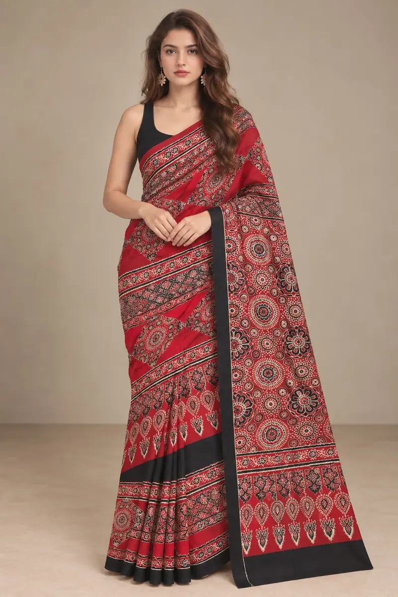 Ajrakh Cotton Saree Red Black Natural Dye -image 1 of 3