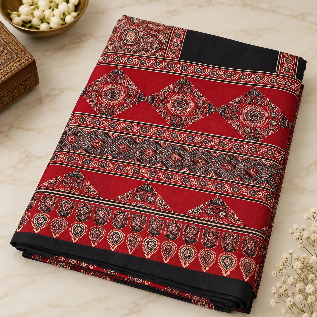 Ajrakh Cotton Saree Red Black Natural Dye -image 2 of 3