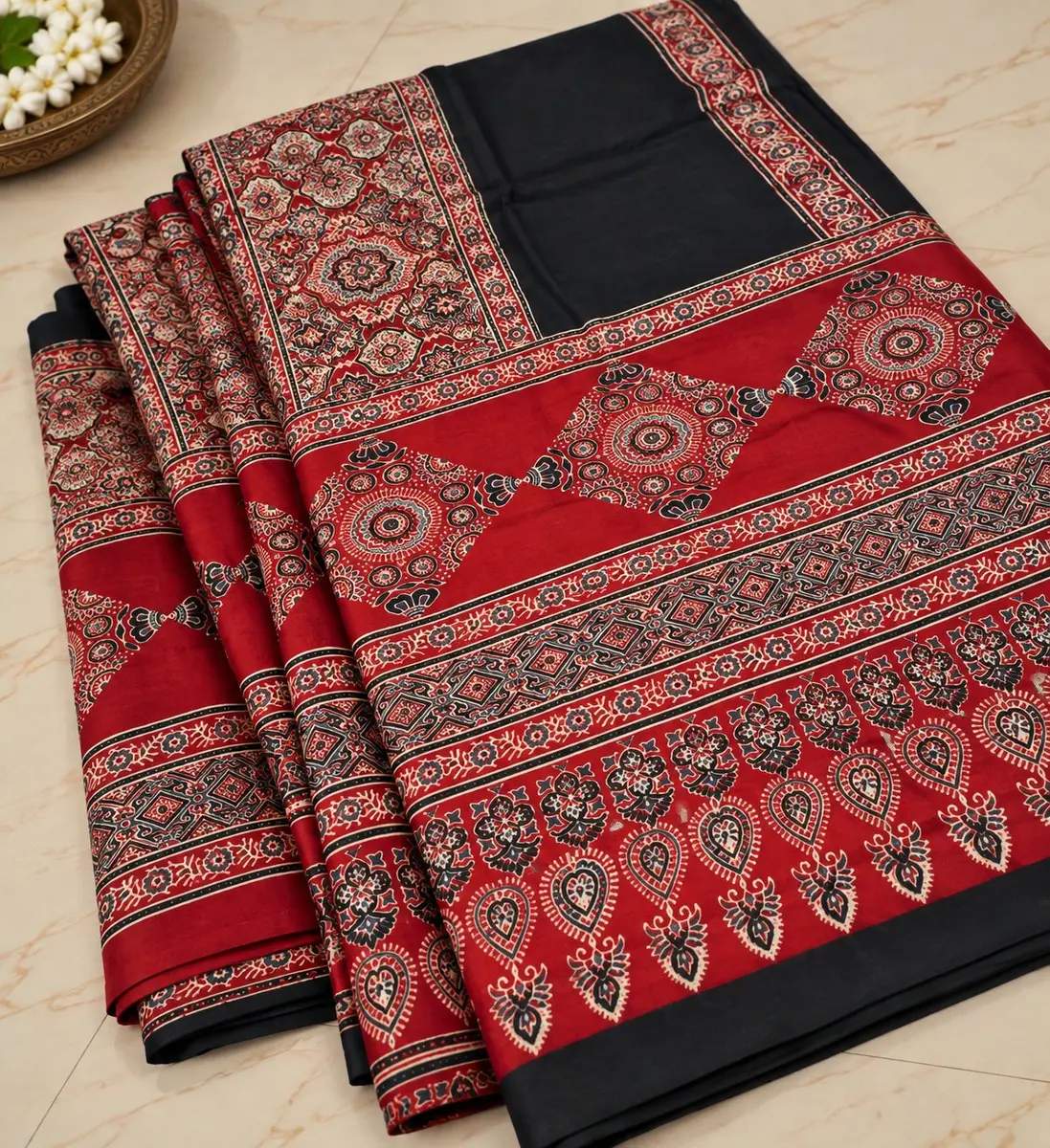 Ajrakh Cotton Saree Red Black Natural Dye -image 3 of 3