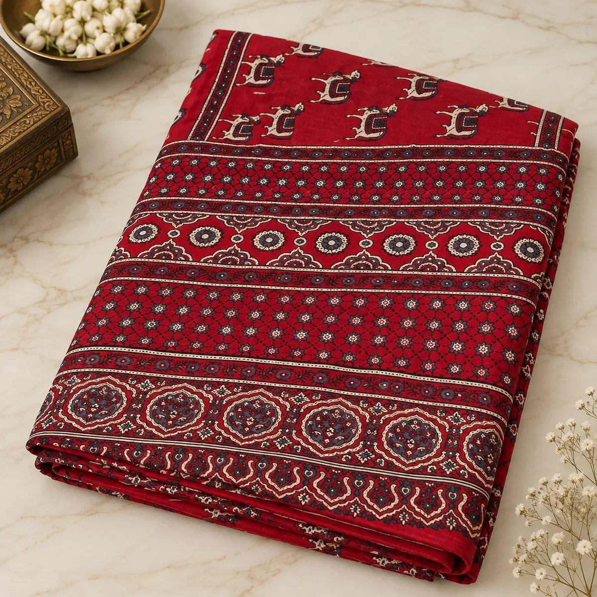 Ajrakh Cotton Saree Red Indigo Classic Block Print -image 2 of 4