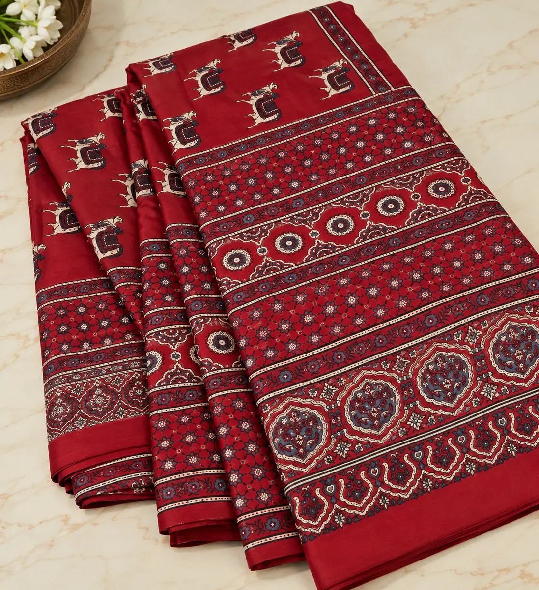 Ajrakh Cotton Saree Red Indigo Classic Block Print thumbnail 3