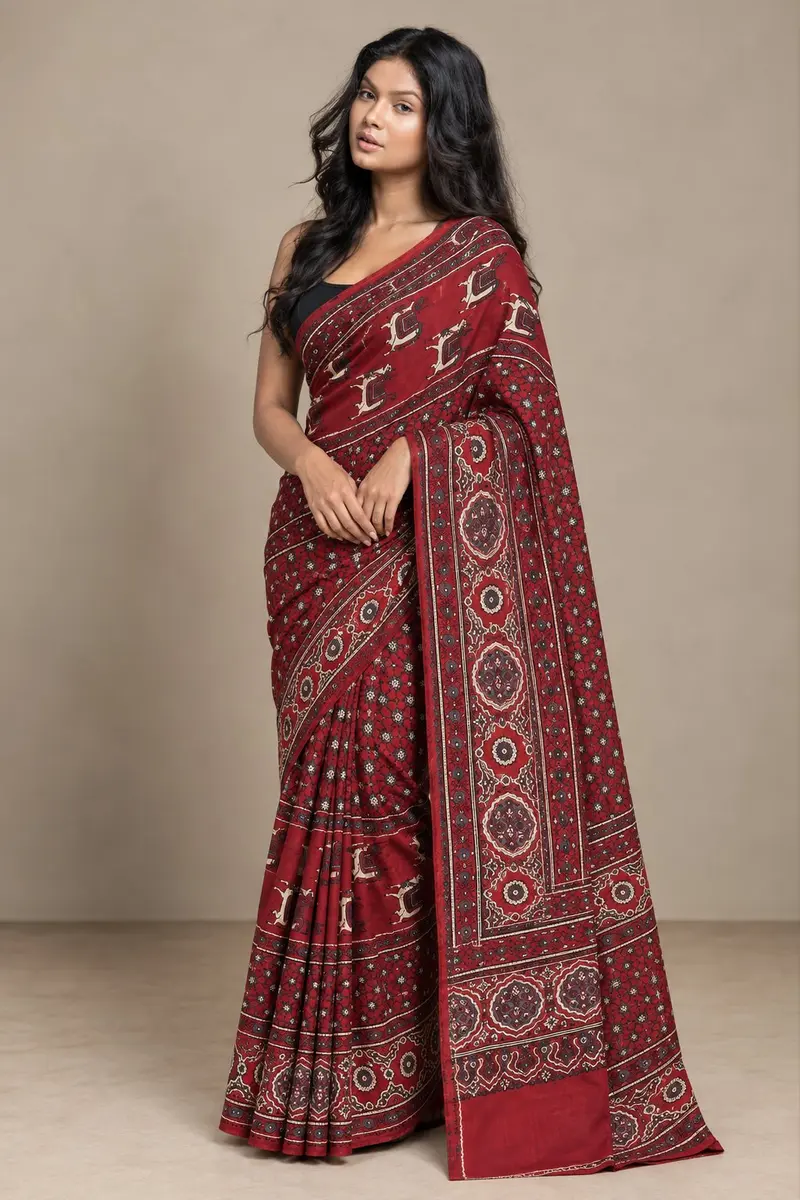 Ajrakh Cotton Saree Red Indigo Classic Block Print -image 1 of 4