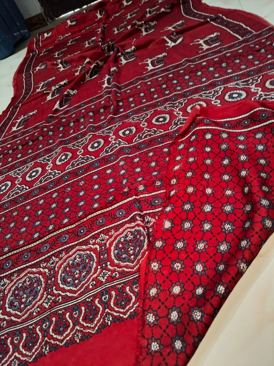 Ajrakh Cotton Saree Red Indigo Classic Block Print -image 4 of 4