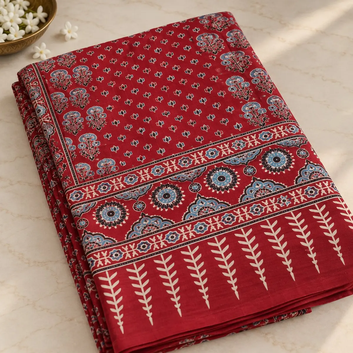 Ajrakh Cotton Saree Red Indigo Floral Print  thumbnail 3