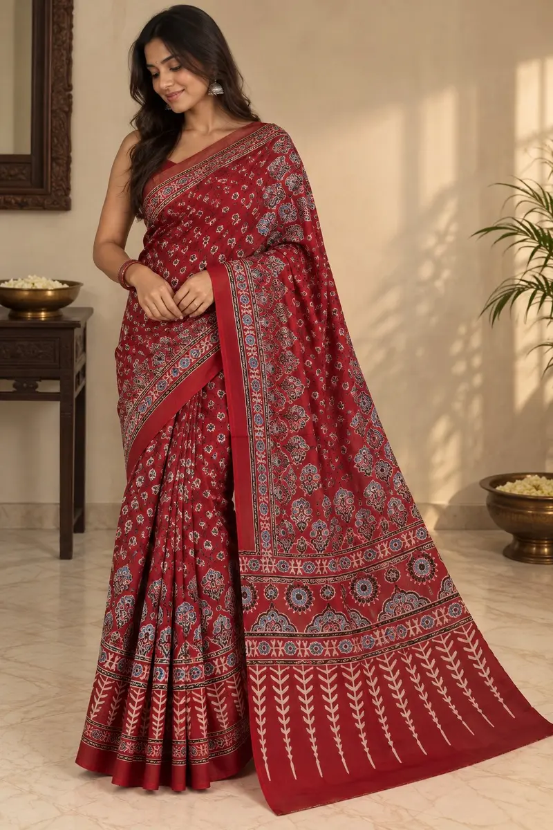 Ajrakh Cotton Saree Red Indigo Floral Print  -image 1 of 4