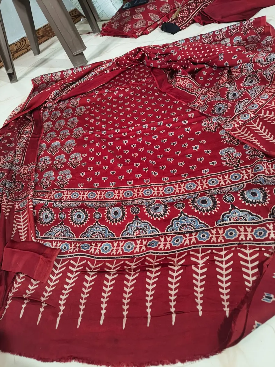 Ajrakh Cotton Saree Red Indigo Floral Print  -image 4 of 4