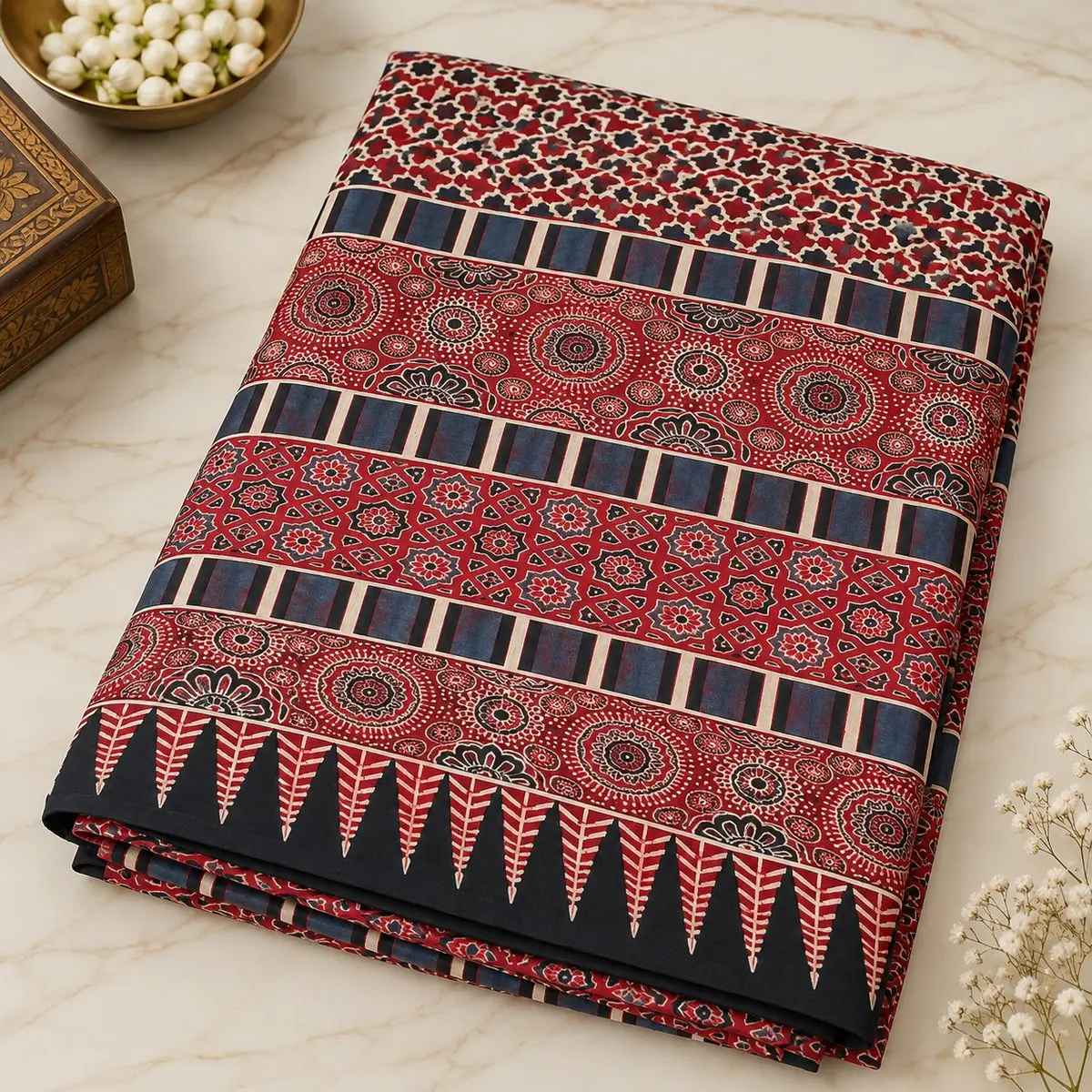 Ajrakh Cotton Saree Black Red Indigo  -image 2 of 4
