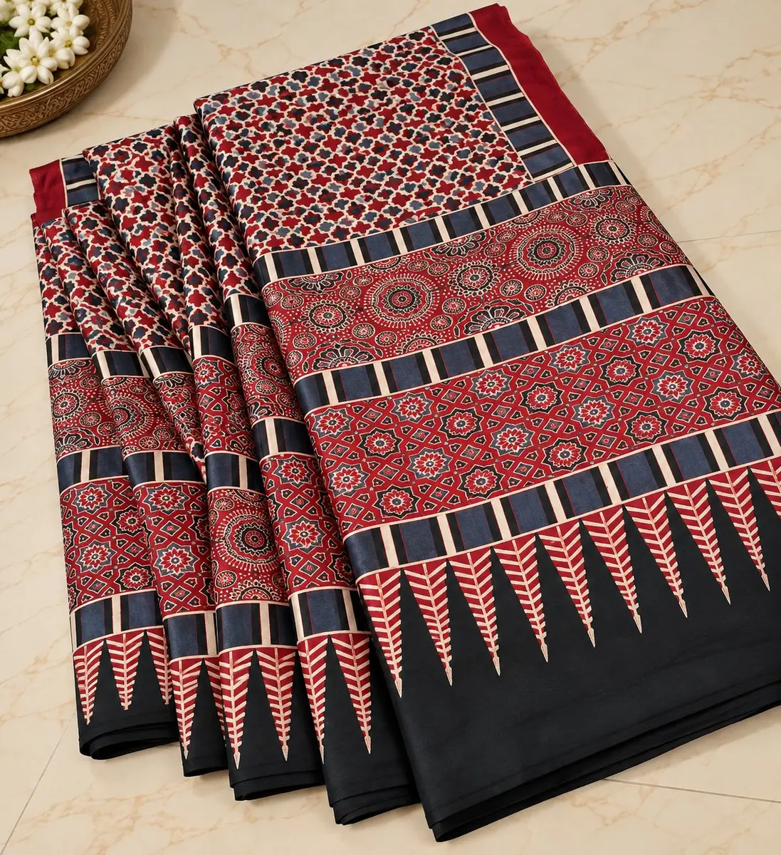Ajrakh Cotton Saree Black Red Indigo  thumbnail 3
