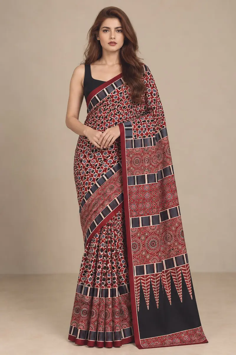 Ajrakh Cotton Saree Black Red Indigo  -image 1 of 4