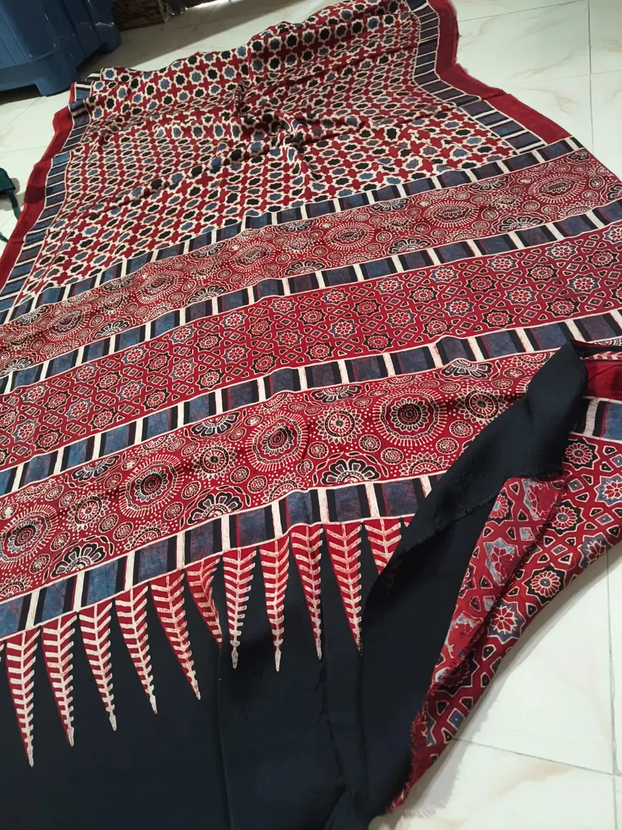 Ajrakh Cotton Saree Black Red Indigo  -image 4 of 4