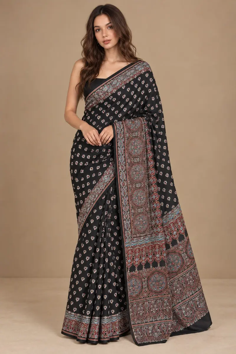 Ajrakh Cotton Saree Black Traditional Block Print  -image 1 of 4