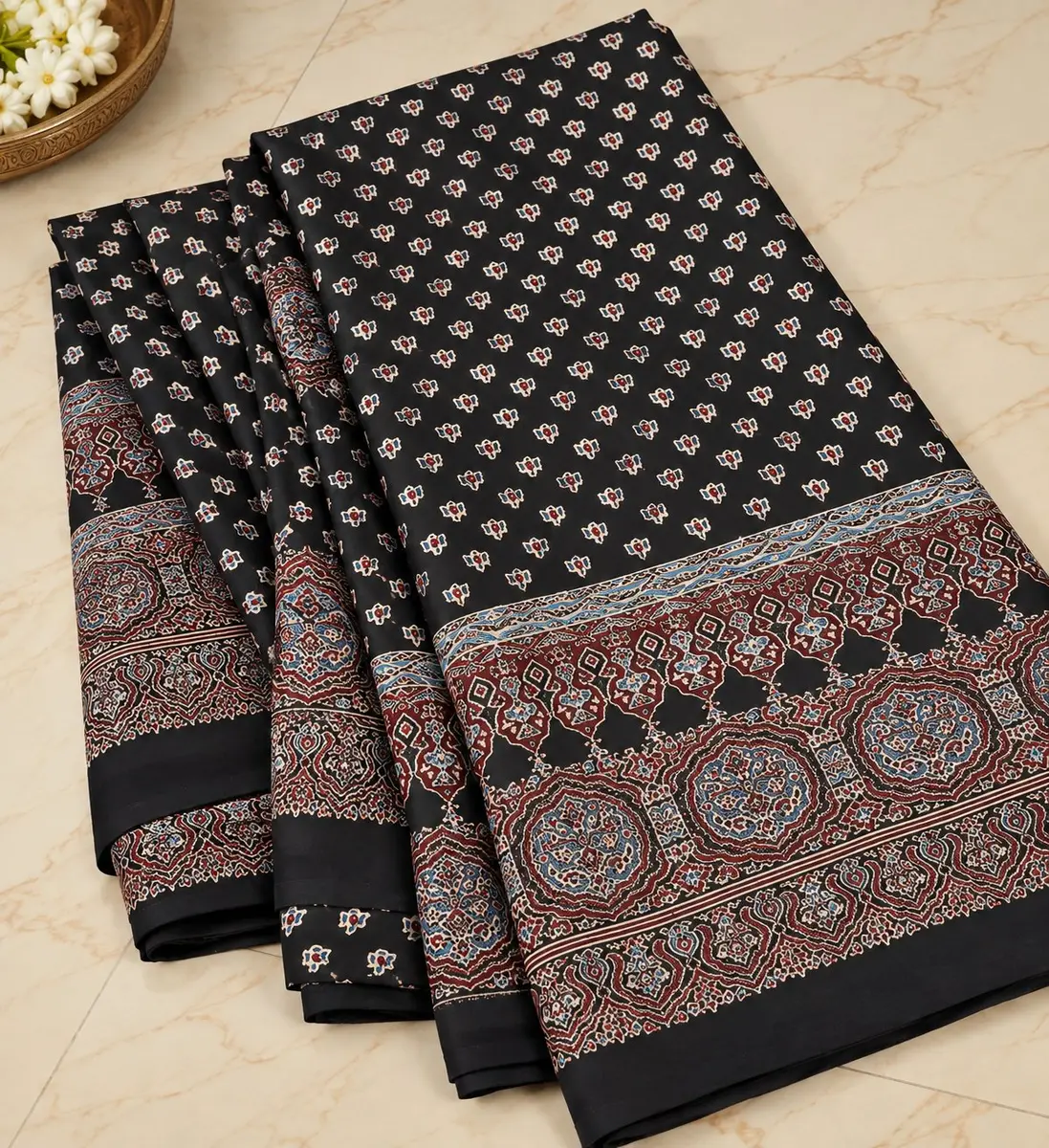 Ajrakh Cotton Saree Black Traditional Block Print  -image 2 of 4