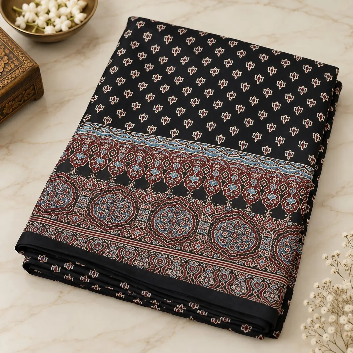 Ajrakh Cotton Saree Black Traditional Block Print  thumbnail 3