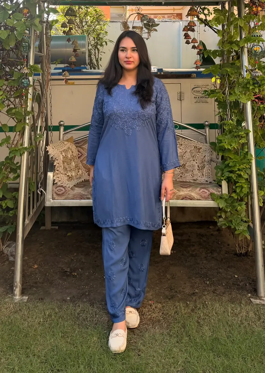 Chikankari Work Rayon Coord Set Blue  -image 2 of 4