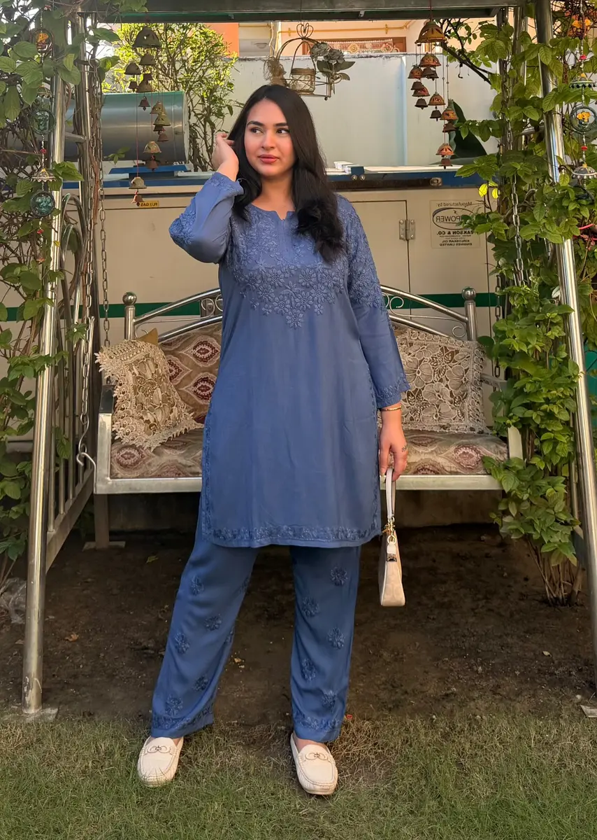 Chikankari Work Rayon Coord Set Blue  thumbnail 3