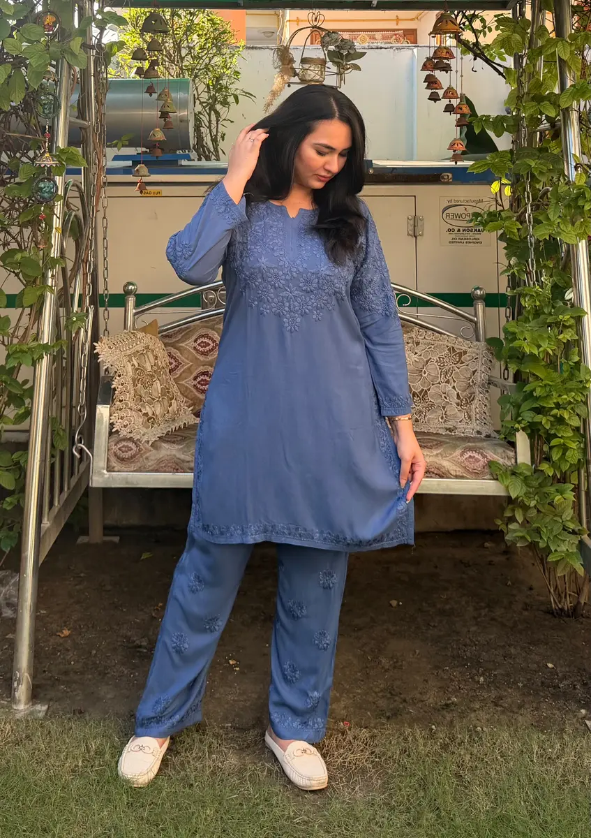 Chikankari Work Rayon Coord Set Blue  -image 4 of 4