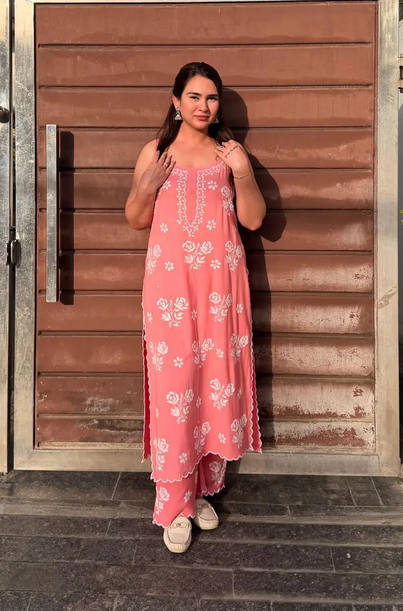 Chikankari Rayon Kurta Cutwork Plazo Set - Image 1 of 3