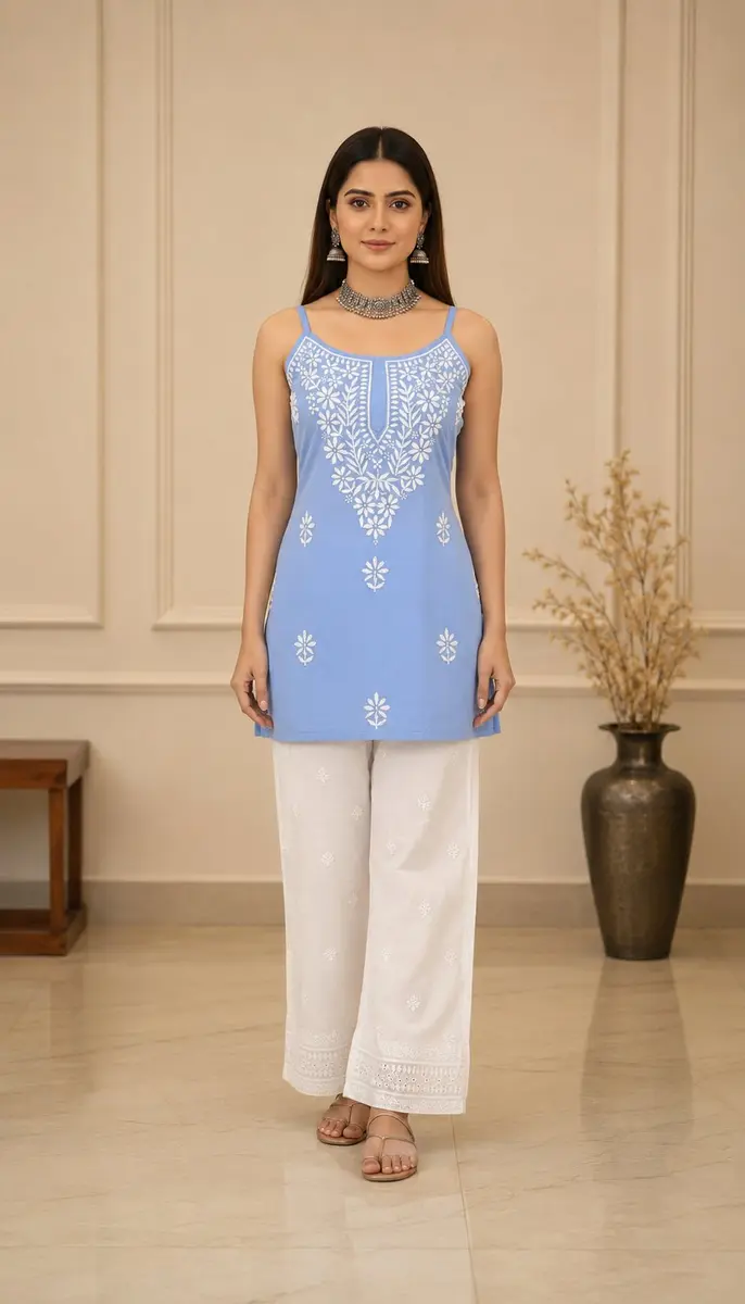 Chikankari Rayon Short  Spaghetti Kurti