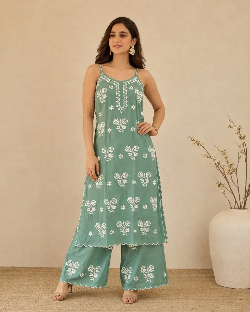 Chikankari Rayon Kurta Cutwork Plazo Set - Image 1 of 2