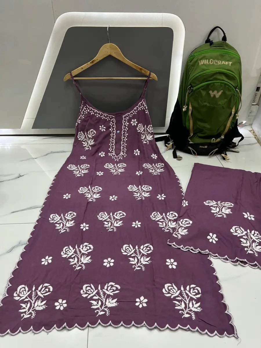 Chikankari Rayon Kurta Cutwork Plazo Set -purple / L,XL,XXL,3XL -image 2 of 2