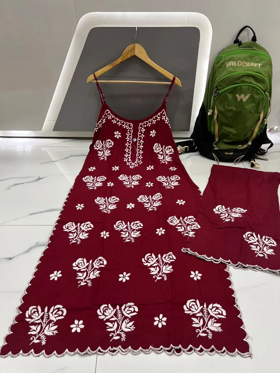 Chikankari Rayon Kurta Cutwork Plazo Set -maroon / L,XL,XXL,3XL -image 2 of 2