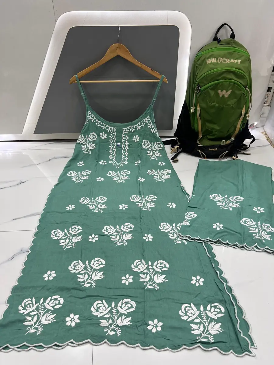 Chikankari Rayon Kurta Cutwork Plazo Set -green / L,XL,XXL,3XL -image 2 of 2