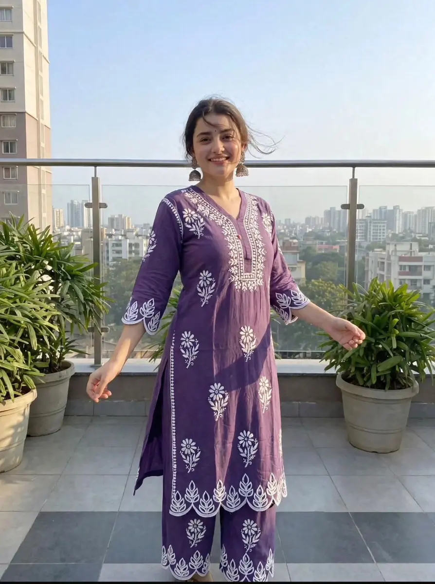 Chikankari Cotton V-Neck Cut Work Plazo Set -purple / 38,40 -image 1 of 3