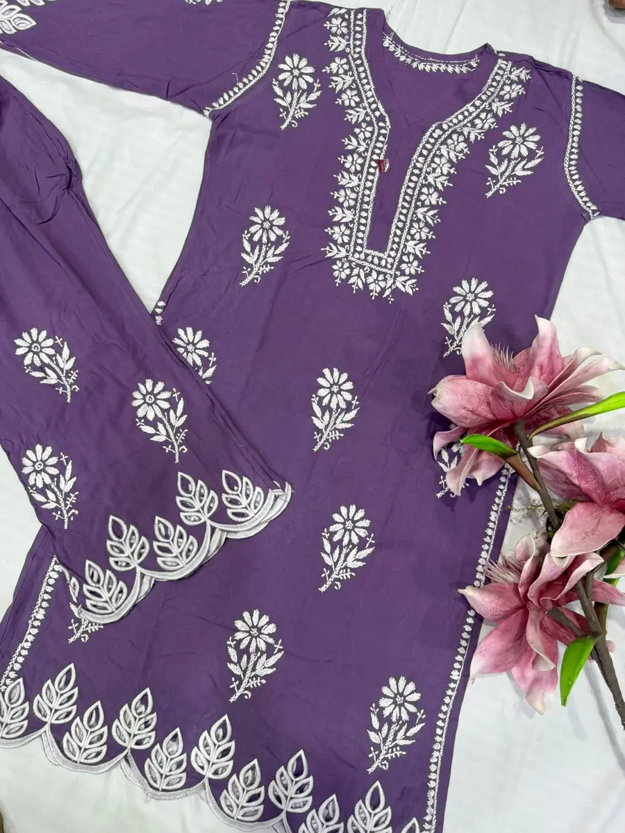 Chikankari Cotton V-Neck Cut Work Plazo Set -purple / 38,40 -image 2 of 3