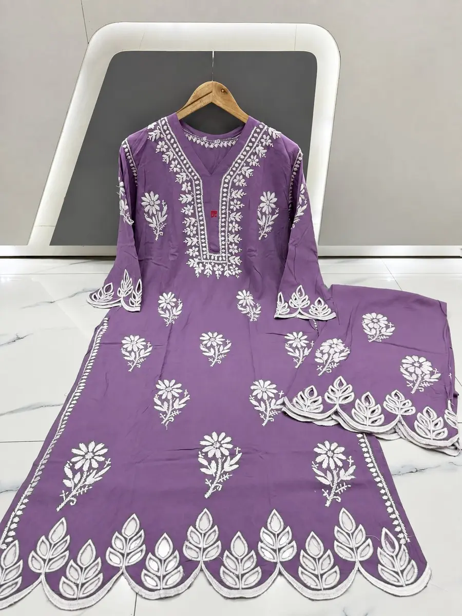 Chikankari Cotton V-Neck Cut Work Plazo Set -purple / 38,40 -image 3 of 3