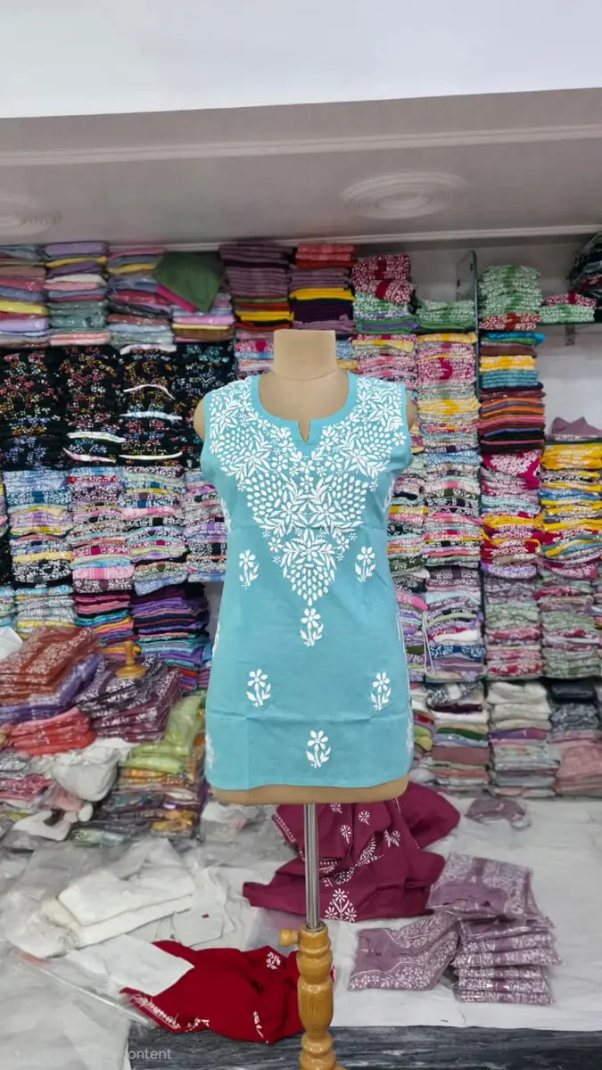 Chikankari Cotton Kurti with Floral White Embroidery thumbnail 2