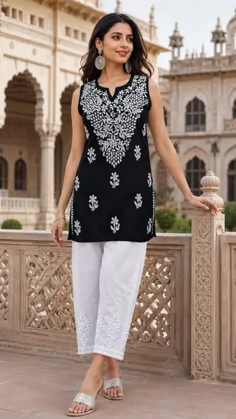 Chikankari Cotton Kurti with Floral White Embroidery -black / xs,s,m,l,xl