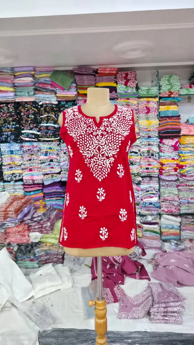 Chikankari Cotton Kurti with Floral White Embroidery thumbnail 2