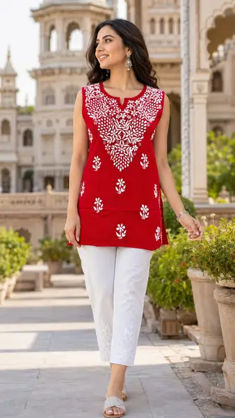 Chikankari Cotton Kurti with Floral White Embroidery -red / xs,s,m,l,xl -image 1 of 2