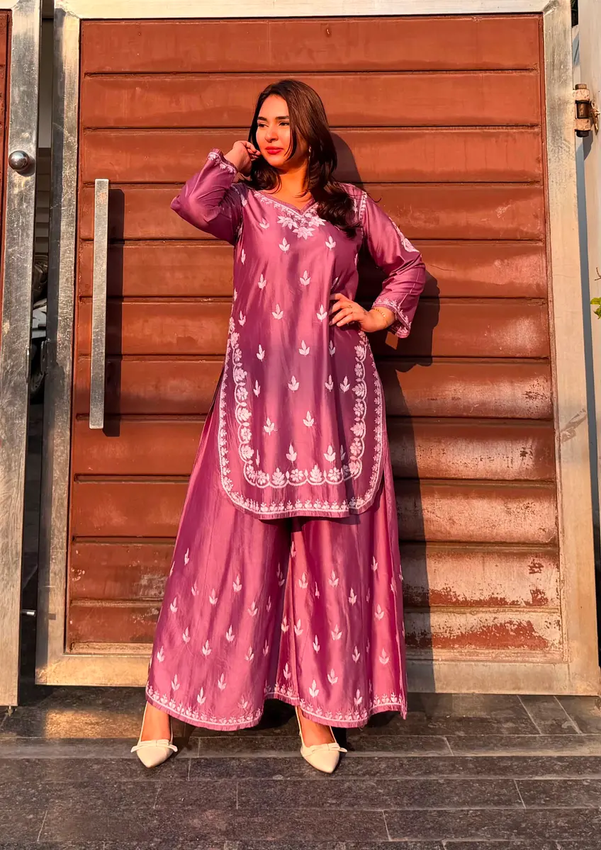 Chikankari Cotton Kurta Palazzo Set Multicolor  thumbnail 4