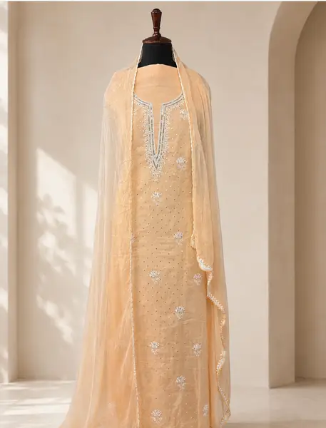 Chikankari embroidered Cotton Peach Suit with mukaish and sequins hand work (Unstitched)  — image 1 of 3