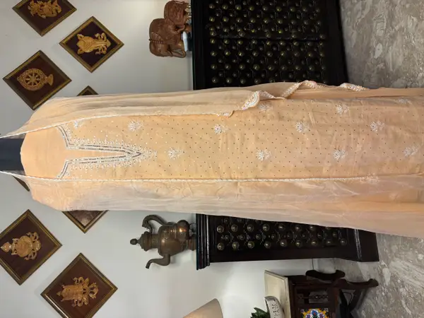 Chikankari embroidered Cotton Peach Suit with mukaish and sequins hand work (Unstitched)  — image 2 of 3