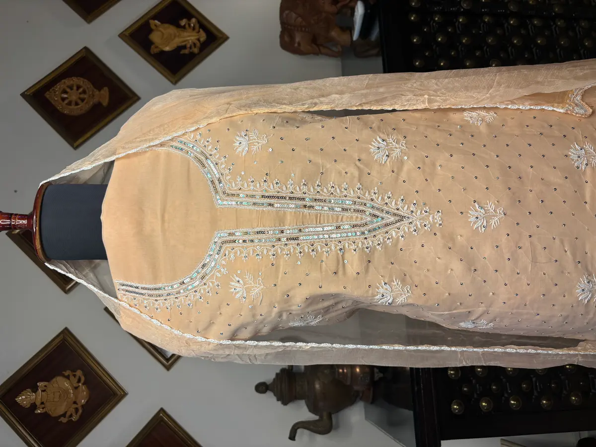 Chikankari embroidered Cotton Peach Suit with mukaish and sequins hand work (Unstitched)  thumbnail 3