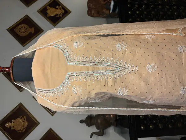 Chikankari embroidered Cotton Peach Suit with mukaish and sequins hand work (Unstitched)  — image 3 of 3